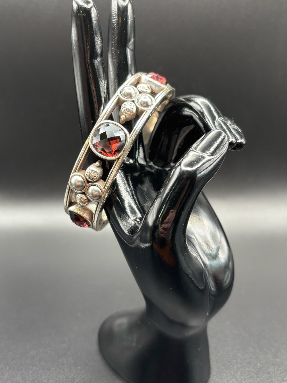 VTG Brighton Selene Silver Tone Hinged Red Swarovski Stone Faux Pearl Bracelet